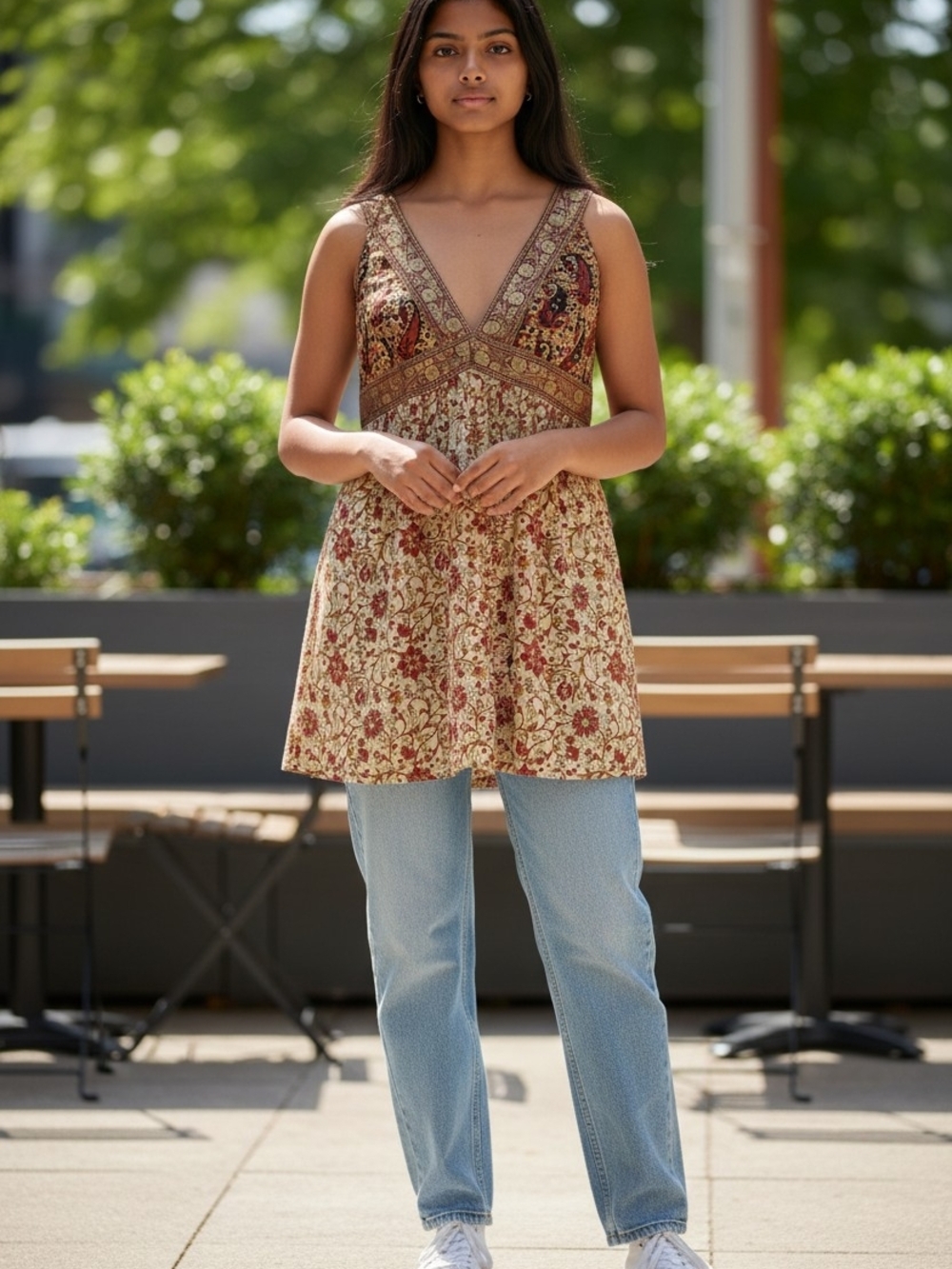 Boho Paisley Metallic Embroidered Floral Tank Top Size L Festival Indie Artisan